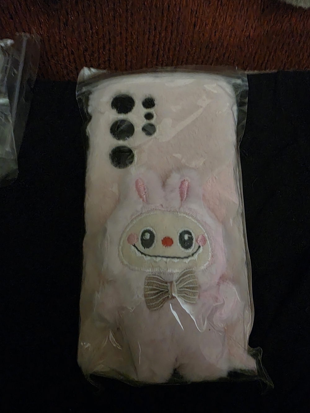 Pink Fuzzy Labubu Phone Case with Bow Accent - S25 Ultra
